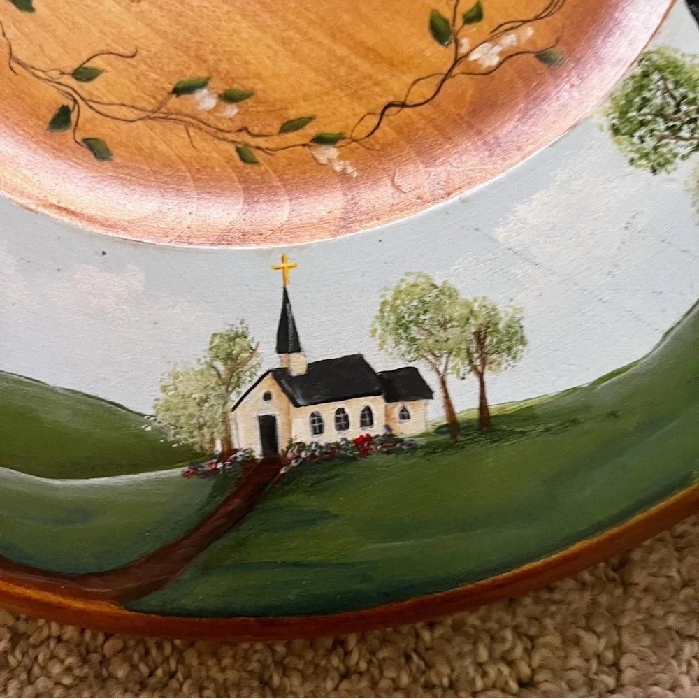 Hand Painted Wooden Plate Folk Art Coastal Village Nautical Americana Harbor